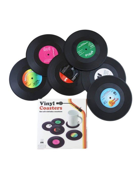 Komonee Vinyl Record Coasters Set - Pack of 6 Retro Novelty Drink Mats 